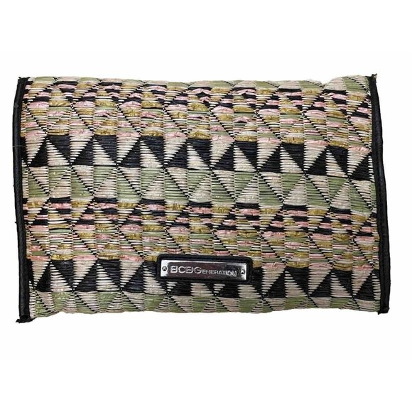 BCBGeneration Straw Purse Clutch Aztec Envelope Foldover Leather Trim Pink Blk - Picture 3 of 9